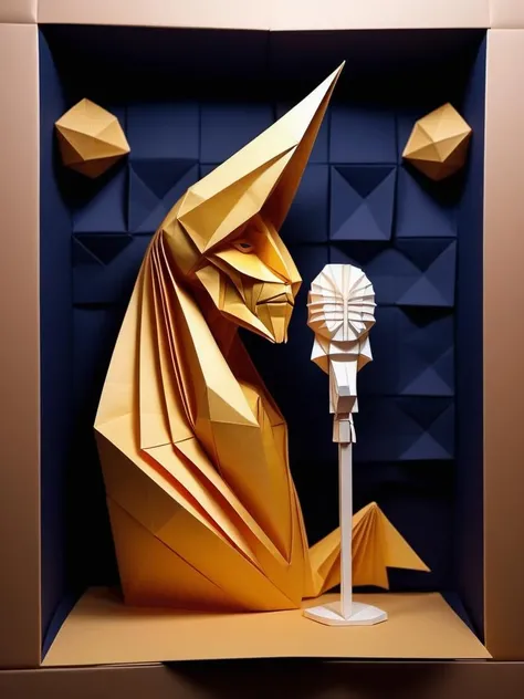 origami style 👽 alien karaoke 🎤 🎶; ((( "open mic night"))) , on the improve stage, detailed night club. 200 mp photograph , golden ratio , masterpiece. . paper art, pleated paper, folded, origami art, pleats, cut and fold, centered composition