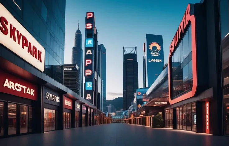 cinematic photo a collage with a combination of this typology, corporate logo building , skypark, and arcades and laneways in surrealism or superstudio . 35mm photograph, film, bokeh, professional, 4k, highly detailed