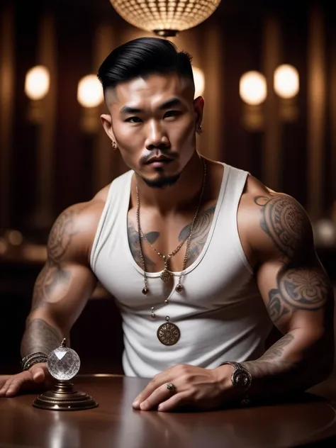 cinematic film still Extrem muscular looking asian guy with a lot of tattoos and unusual tattoos on his head, He is holding a pendulum with a crystal over a big round table with zodiac signs around them, mysterious atmosphere . shallow depth of field, vignette, highly detailed, high budget Hollywood movie, bokeh, cinemascope, moody, epic, gorgeous, film grain, grainy