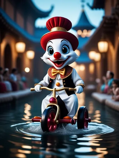 cinematic photo Arabian tale from the 1400s, Merry moving fish. On the head is a hat-cylinder. In a clown costume. Riding under water on a children's tricycle. Juggles with air bubbles. Full length closeup portrait in Disney Pixar style, super realistic, cinematic, lots of details, dark blur fantasy background . 35mm photograph, film, bokeh, professional, 4k, highly detailed