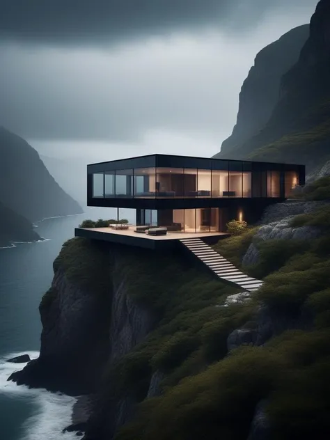cinematic photo A glassy house perched on a narrow path, nestled in a rocky cliff, soaring above a breathtaking sea canyon. Minimalist and highly detailed. Dark clouds and fog. Render 8k. volumetric light. . 35mm photograph, film, bokeh, professional, 4k, highly detailed