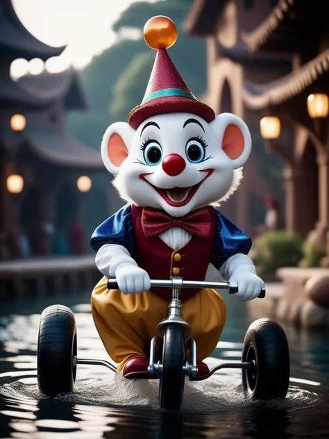 cinematic photo Arabian tale from the 1400s, Merry moving fish. On the head is a hat-cylinder. In a clown costume. Riding under water on a children's tricycle. Juggles with air bubbles. Full length closeup portrait in Disney Pixar style, super realistic, cinematic, lots of details, dark blur fantasy background . 35mm photograph, film, bokeh, professional, 4k, highly detailed