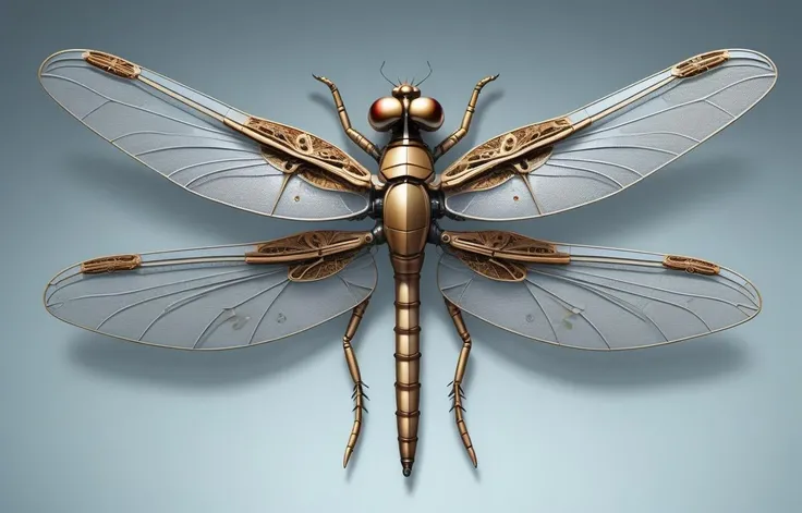 mechanical dragonfly with big wings, top view, photo realistic,