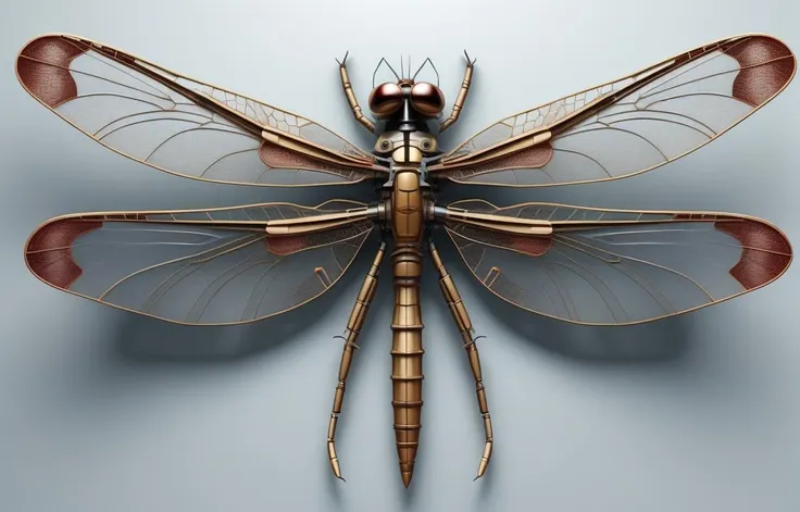 mechanical dragonfly with big wings, top view, photo realistic,