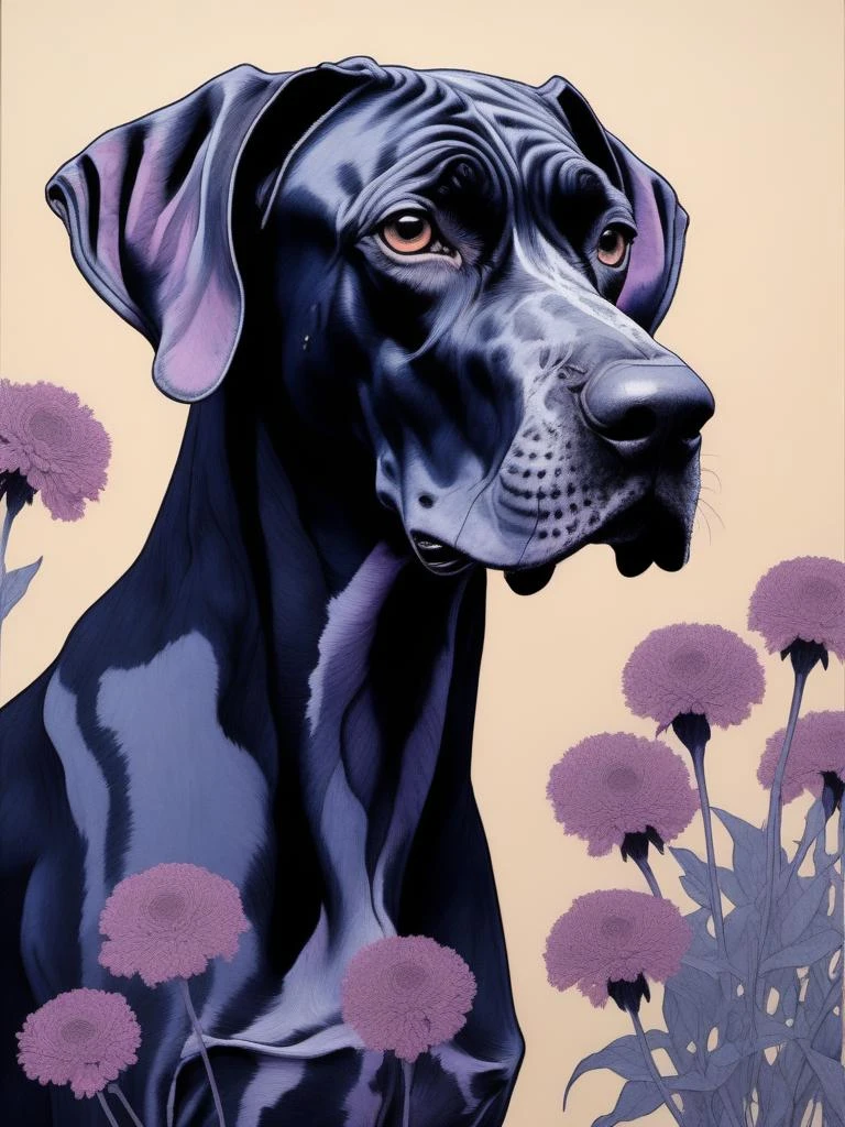 (art by Dom Qwek:1.1) ,art by Hope Gangloff, CCTV of a Parched Great Dane, Supple flowers, Smoky Conditions, soft focus, Ultra Real, Fluxus Art, deep indigo and Mauve hue