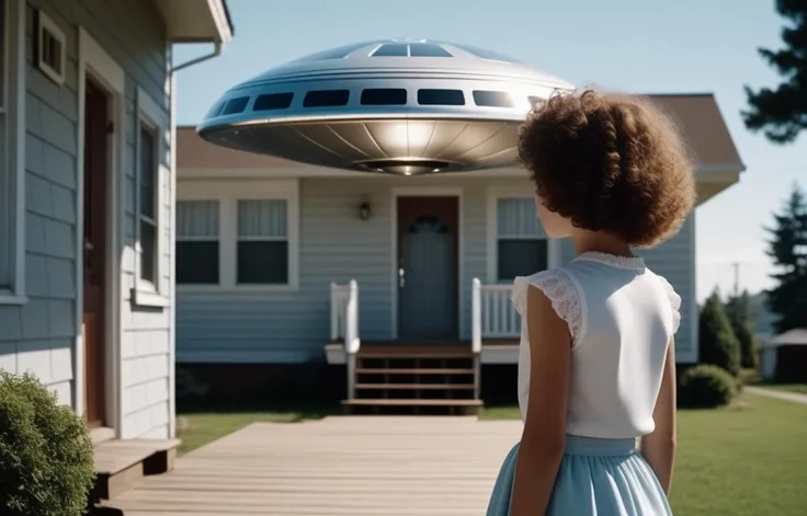 cinematic photo we see a 10y/o girl with curly hair from the back, she's standing in her elevated house's porch watching a shiny silver ufo floating over a house, two blocks away. Noon light, summer 1963 . 35mm photograph, film, bokeh, professional, 4k, highly detailed