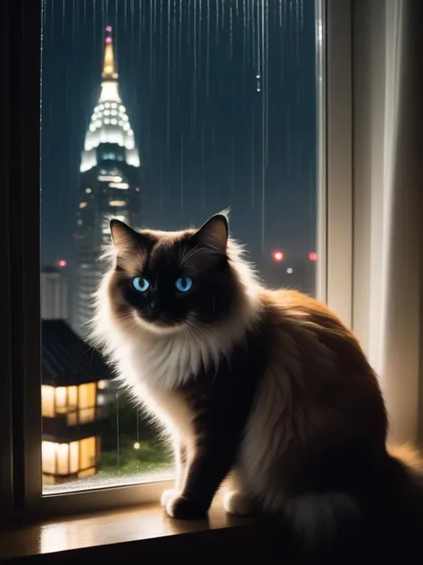 You can see the rain at night and rain, there are traces of rain flowing through the glass, one squats on the windowsill, head to the Ragdoll cat outside the window, fat cat, far shot, far view, especially cute, head looking out the window is a high-rise building, there are street lamps behind the shooting,