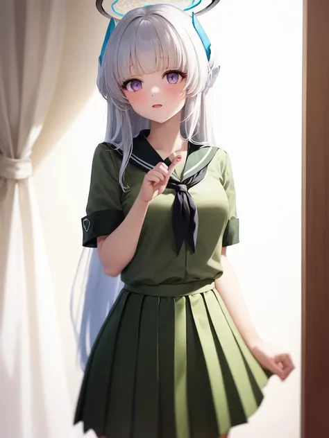 (green serafuku:1.4), 1girl, solo, standing, (neckerchief:1.1), white hair, purple eyes, short sleeves, pleated skirt, (green skirt:1.2), long skirt, indoors, very long hair, halo,