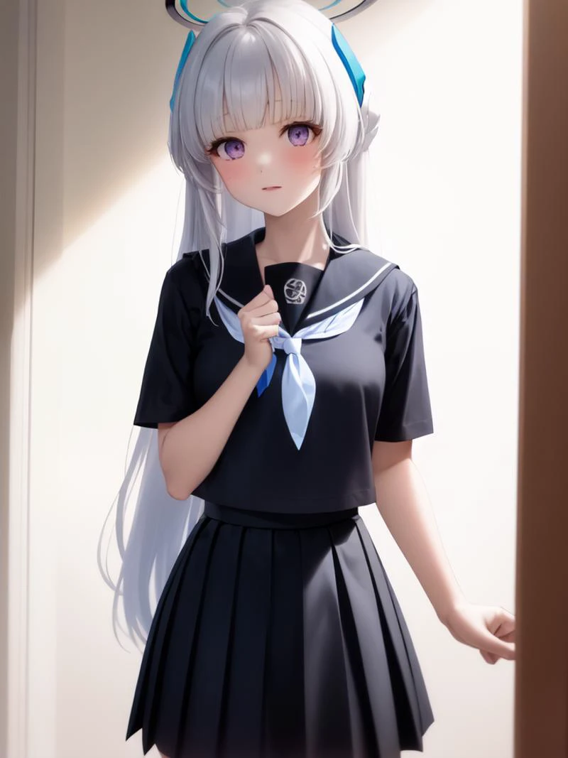 (black serafuku:1.4), 1girl, solo, standing, (neckerchief:1.1), white hair, purple eyes, short sleeves, pleated skirt, (black skirt:1.2), long skirt, indoors, very long hair, halo,