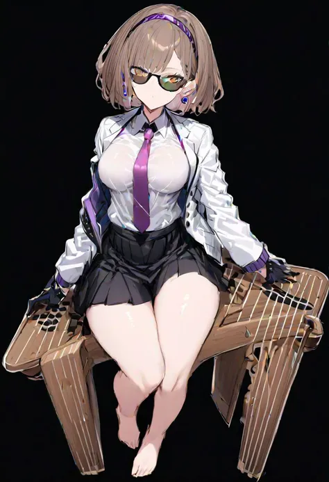 masterpiece, best quality, ultra-detailed, beautiful, nai3, 1girl, solo, full_body, tachi-e,
tsukumo_yatsuhashi, solo, 1girl, short_hair, shirt, long_sleeves, brown_eyes, skirt, white_shirt, brown_hair, frills, collared_shirt, hairband, black_skirt, barefoot, purple_hairband, musical_note, koto_\(instrument\), instrument, eighth_note,
rude_\(ff7\), earrings, gloves, necktie, sunglasses, jacket, black_shirt, formal, suit, collared_shirt,