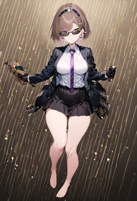 masterpiece, best quality, ultra-detailed, beautiful, nai3, 1girl, solo, full_body, tachi-e,
tsukumo_yatsuhashi, solo, 1girl, short_hair, shirt, long_sleeves, brown_eyes, skirt, white_shirt, brown_hair, frills, collared_shirt, hairband, black_skirt, barefoot, purple_hairband, musical_note, koto_\(instrument\), instrument, eighth_note,
rude_\(ff7\), earrings, gloves, necktie, sunglasses, jacket, black_shirt, formal, suit, collared_shirt,