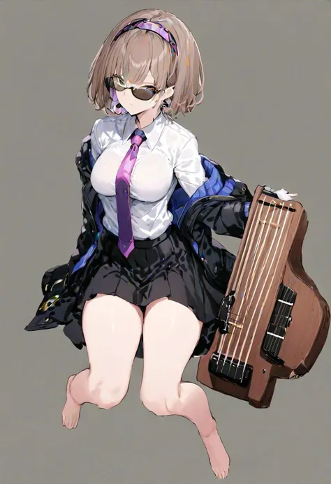 masterpiece, best quality, ultra-detailed, beautiful, nai3, 1girl, solo, full_body, tachi-e,
tsukumo_yatsuhashi, solo, 1girl, short_hair, shirt, long_sleeves, brown_eyes, skirt, white_shirt, brown_hair, frills, collared_shirt, hairband, black_skirt, barefoot, purple_hairband, musical_note, koto_\(instrument\), instrument, eighth_note,
rude_\(ff7\), earrings, gloves, necktie, sunglasses, jacket, black_shirt, formal, suit, collared_shirt,