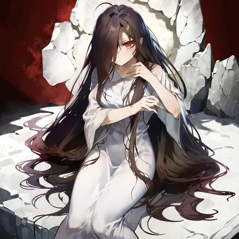 ((masterpiece)),(best quality), absurdres,sadako_yamamura,red eyes, white dress,<lora:Sadakobest:0.8>, <lora:finesleepStyle_v10:0.6>,