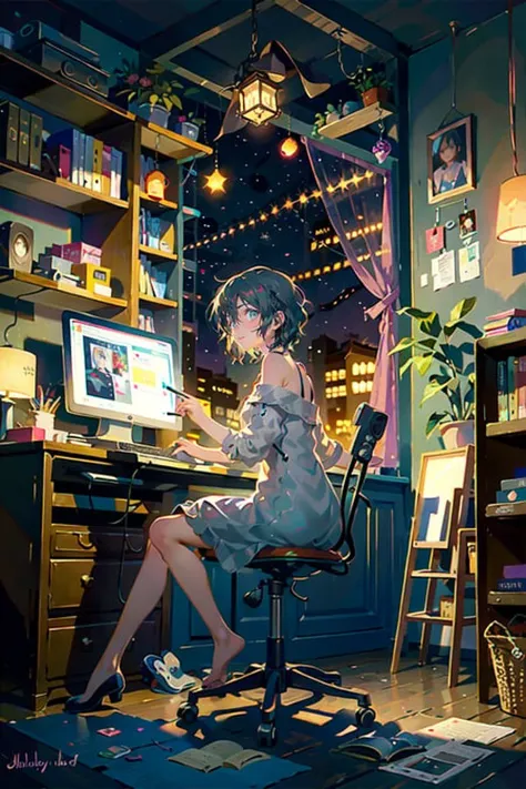 a lofi girl in her room withe her computer in a dark night,<lora:FineSleep style:0.6>