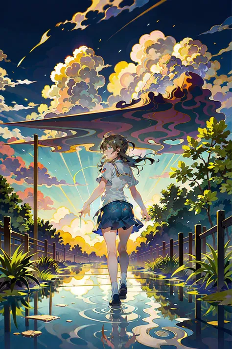 from side,bright sunlight,summer time,The girl wearing school uniform,walks along a country street in the summer after the rain, under the blue sky and towering cumulonimbus clouds. The asphalt road is covered in puddles that reflect everything,<lora:FineSleep style:0.7>