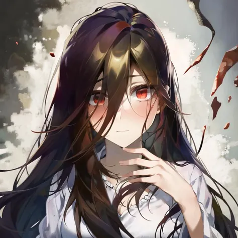 ((masterpiece)),(best quality), absurdres,sadako_yamamura,red eyes, white dress,<lora:Sadakobest:0.8>, <lora:finesleepStyle_v10:0.6>, portrait,