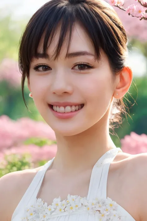 1girl,(RAW photo, best quality), (realistic, photo-realistic:1.4), masterpiece, an extremely delicate and beautiful, extremely detailed, 2k wallpaper, Amazing, finely detail, extremely detailed CG unity 8k wallpaper, ultra-detailed, highres, soft light, beautiful detailed girl, extremely detailed eyes and face, beautiful detailed nose, beautiful detailed eyes,cinematic lighting,perfect anatomy,slender body,
wearing a white halter neck dress,(bokeh:1.2)at a flower park,sakura flowers,flower garden,smiling,hair with bangs ,(face closeup:1.4),
<lora:ayaseharuka_lora:0.9>