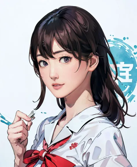 photorealisti,realistic,masterpiece,best quiality,8k illustration,absurdres,highres,1girl,ayase,ink splashs,school uniform, serafuku, kawaii