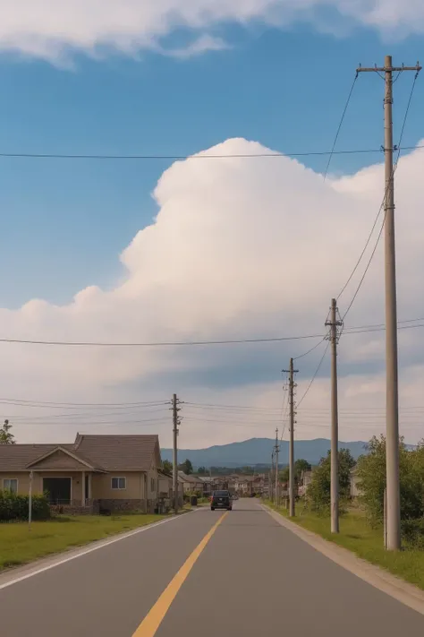 anchestreet,outdoors,scenery,no humans,road,sky,cloud,tree,utility pole,house,building,day,ground vehicle,mountain,street,<lora:Anchestreet-V1:0.7>,