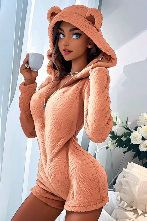 (masterpiece, best quality), 1girl, Steel blue French Braid with Hair Chain, Size G breasts, <lora:t3ddy:1> t3ddy, brown fluffy onsie with bear ears,