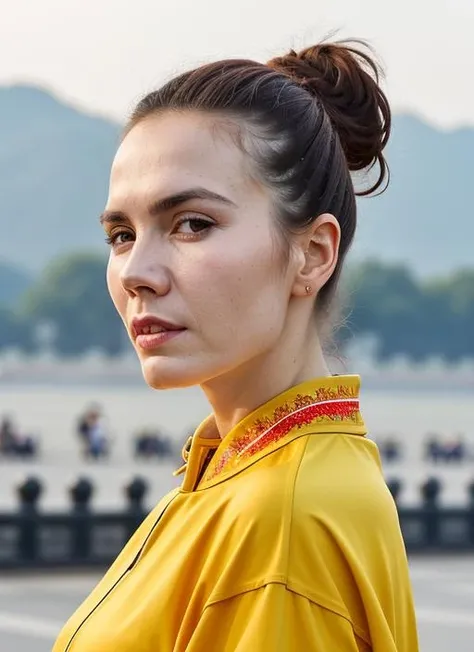 portrait of sks woman in china, tiananmen square, by Flora Borsi, style by Flora Borsi, bold, bright colours, ((Flora Borsi)), by David LaChapelle, <lora:lora-small-olga-boladz-v1:1>