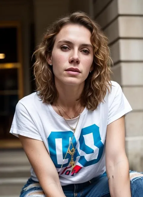 A stunning intricate color close up portrait of (sks woman:1) , wearing Band t-shirt and ripped jeans, epic character composition, sharp focus, natural lighting, subsurface scattering, f2, 35mm, film grain, , by Annie Leibovitz, <lora:lora-small-olga-boladz-v1:1>