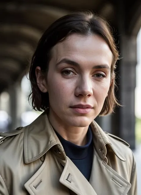 A stunning intricate color close up portrait of (sks woman:1) , wearing Trench coat and ankle boots, epic character composition, sharp focus, natural lighting, subsurface scattering, f2, 35mm, film grain, , by Gerda Taro, <lora:lora-small-olga-boladz-v1:1>