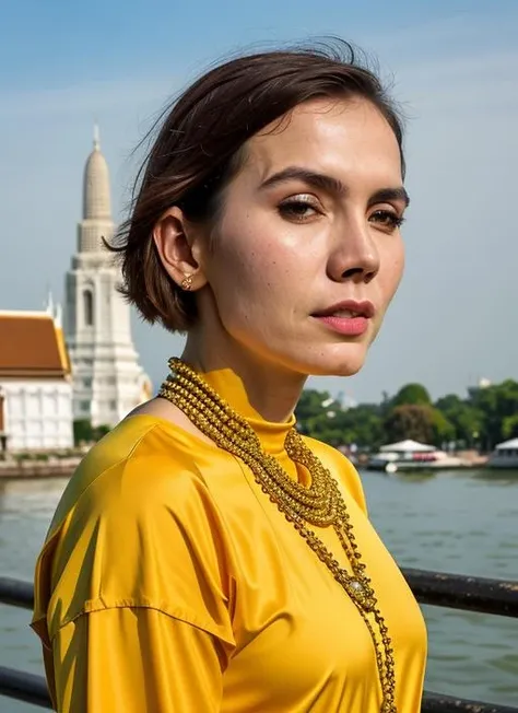 portrait of sks woman in Bangkok, at the Wat Arun temple, by Flora Borsi, style by Flora Borsi, bold, bright colours, ((Flora Borsi)), by Guy Bourdin, <lora:lora-small-olga-boladz-v1:1>