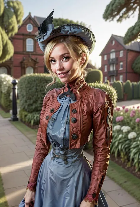 closeup from front, (looking at viewer:1.1), full color photo, looking at viewer,, woman:b3linda_n0texist wearing a skintight dress, jacket, skirt,blouse, big breasts, huge bust, detailed face, hair in bun, bright eyes, smile, posture, holding an umbella, hat, in a victorian garden <lora:1900_dress_v2:1> 1900_dr3ss