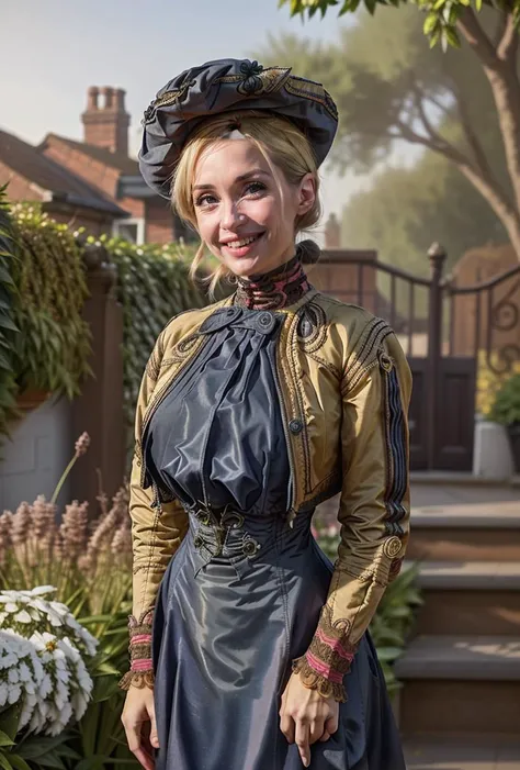 closeup from front, (looking at viewer:1.1), full color photo, looking at viewer,, woman:b3linda_n0texist wearing a skintight dress, jacket, skirt,blouse,  big breasts, huge bust, detailed face, hair in bun, bright eyes, smile,  posture,  holding an umbella, hat, in a victorian garden <lora:1900_dress_v2:1> 1900_dr3ss