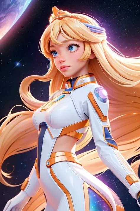 long blonde hair ,  space princess floating in space, galaxy in background   b3linda_n0texist