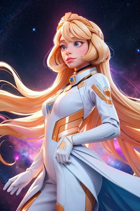 long blonde hair , space princess floating in space, galaxy in background b3linda_n0texist