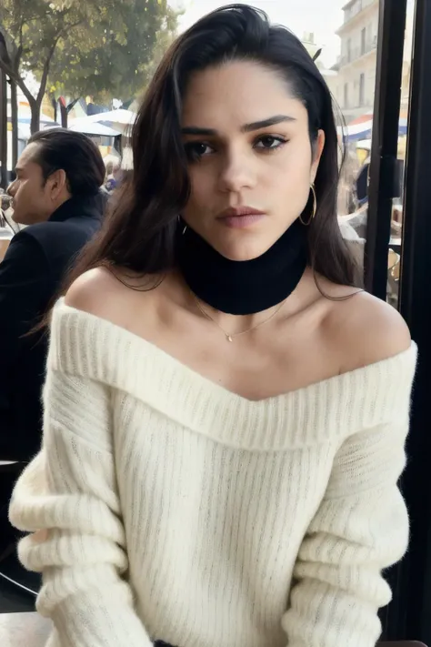 sashaC3 piercing eyes, looking straight, very happy,long hair, wearing an off-shoulder sweater, choker, closeup portrait, in a outdoor cafe in 2015, afternoon light