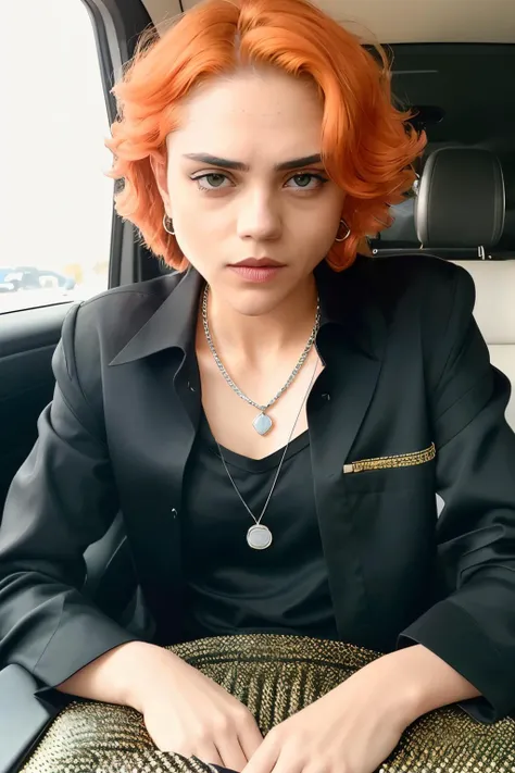 photo of sashaC3 with (amber orange hair) (green eyes), wearing gold chain necklace and silver velvet shirt