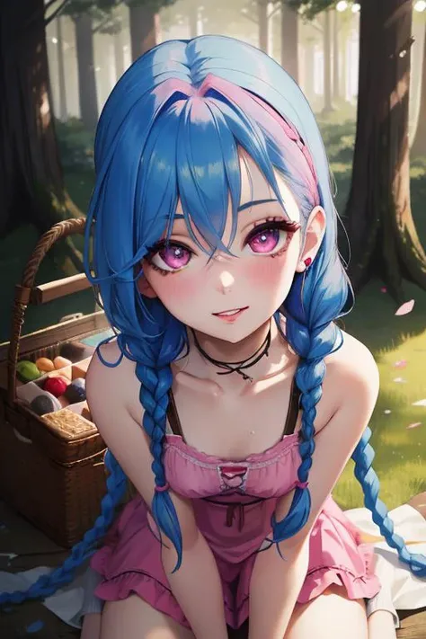 masterpiece, detailed eyes, Perfect features, best quality, highres, absurdres, ultra detailed, 1girl, solo, pale skin, long eyelashes, pink scrunchie, ear piercing, outdoors, forest, sunlight, white sundress, sitting, wariza, light blush, parted lips, smile, looking at viewer, sexually suggestive, from above, face, picnic, picnic basket, barefoot, jinxlol, small breasts, twin braids, blue hair, wide-eyed, pink eyes, <lora:JinxLol:1>