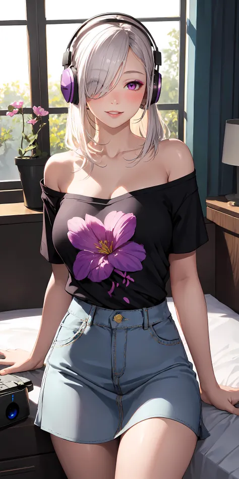 realistic, 1girl, hair over one eye, parted lips, blush, makeup, light smile, white hair, t-shirt, skirt, headphones, glow, thighs, purple eye, bare shoulders, collarbone, narrow waist, bedroom, sunlight, flower, (masterpiece),
