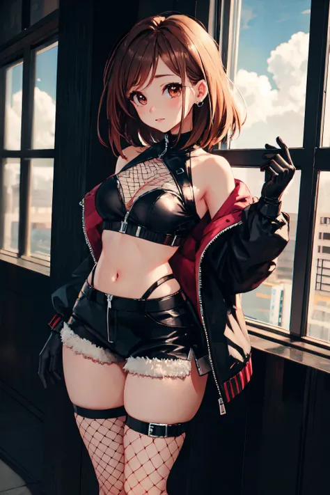 thynasha, 18yo girl Dark blue hair,long hair,ponytail,hair between eyes,bangs,outdoors,cityscape,standing,armor best,assault rifle,camouflage,holding weapon,load bearing vest,saide backpack,full body,best quality,masterpiece,highres,official art,extremely detailed cg unity 8k wallpaper(black beret, black jacket, open clothes, cleavage, midriff, black medium skirts, black thighhighs, thigh strap, fingerless gloves, single glove:1.2), Photo,sharpness, F1.6 lens,hyper-realistic textures,spectacular light textures, Cinestil 800 Fashion Mechanics,(((Beautiful woman with left leg restrained , hand hung by chains))),Appearance,Beautiful girl with accentuated slender abs: 1.1,six-pack abs: 1.1, Bust Botox,Standing on tiptoe, long legs,Long brown hair fluttering in the wind,Brown hair, Long hair, Female Warrior Costume,(No panties,No bra),(tacticul battle fashion,elbow and knee tacticul battle fashion, battle glove: 1.1),((cute batre costume)),The belly comes out and the navel is visible,Thin sheer costume, combat gloves,shredded costumes,cyber long combat boots with golden knee pads,Anatomical,(futuristic sci-fi battle fashion, new elbow and knee cyberpads, new cyberlong boots, new cybergloves: 1.1),(tied perfectly by iron chain), Restraint, Slave, collars, contempt, (Chained), 4 chains hung from heaven, Metallic shackles and fetters, wet crotch clearly visible,((Hands are restrained above the head)), the neck is chained,Chain from left knee to heaven,Chained by rusty iron chains,((the tip is protruding, areolas protruding,The shape of the pubic harearea is clearly visible:1.2)),Sweating,Wet,Wet crotch,Wet thighs,Junkyard, Realistic, (cute, perfect clothes, skimpy clothes, cute: 1.3) ,Vast miritary base in us,((wide mirtary hospital with summer sunlight)), peeling ceilings, Rebar between, Realistic material details, Extreme details, Ultra-realistic materials,narrow waist,(Sexy belly,Constricted hips, beautiful medium ass:1.5),(with sparkling eyes and a contagious smile:0.9)