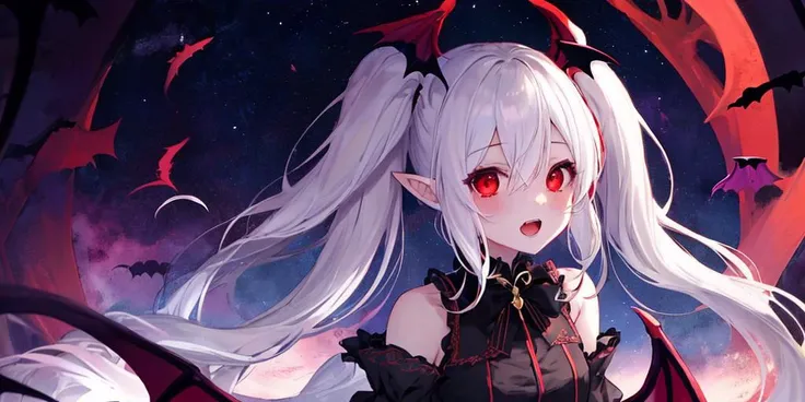 1girl,red eyes,solo,wings,pointy ears,bat (animal),short hair,vampire,colored skin,detached sleeves,looking at viewer,colored sclera,twintails,white hair,hair between eyes,bat wings,bare shoulders,bow,night,two side up,open mouth,