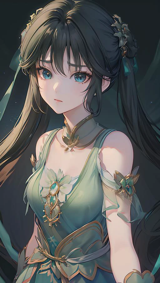 <lora:biyao:1>,biyao,1girl,solo,twintails,green dress,dress,upper body,Emerald,hair ornament,looking at viewer,black hair,long hair,(simple background:1.4),brown hair,clothing cutout,chinese clothes,shoulder cutout,, best quality , masterpiece, illustration, an extremely delicate and beautiful, extremely detailed ,CG,unity,8k wallpaper, Amazing, finely detail, masterpiece, best quality,official art,extremely detailed CG unity 8k wallpaper,absurdres, incredibly absurdres, huge filesize , ultra-detailed, highres, extremely detailed,beautiful detailed girl, extremely detailed eyes and face, beautiful detailed eyes,light on face,