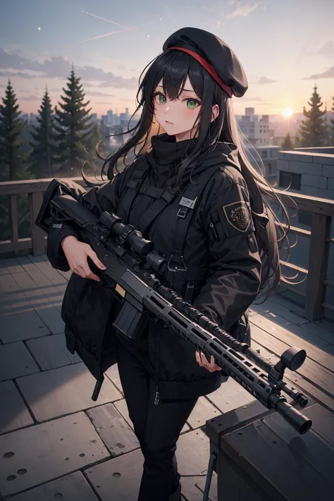 (masterpiece, best quality:1.4), ultra-detailed, fashion, 1girl,long wavy hair, white layered hair,green eyes, cascading on the side bangs,black sweater, black duffel coat, hair gathered in a bundle , black trousers, tights, heels, on the eye red holographic eyepiece, (in two hands sniper hitek cyber rifle with laser sight:1.2), on his head black beret, , city,evening, sunset, the roof of the building, fir trees can see stars, buildings, <lora:9k GUN:0.3> gun,<lyco:BetterGuns-V1:1><lyco:BetterGuns-V1:1>