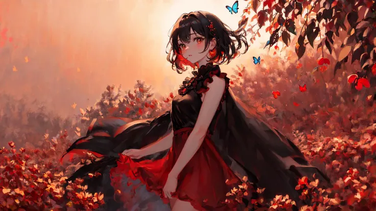 masterpiece, best quality, detailed eyes, vivid color, detailed skin, 1girl, short dress, see-through silhouette,
starry sky, field of flowers, butterflies, wind,
((((((red hue, rim lighting)))))), <lora:epiNoiseoffset_v2:1>, (((cowboy shot)))
