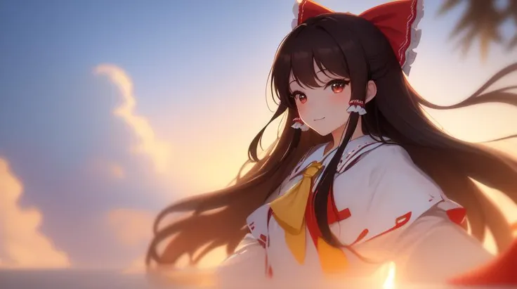 ((masterpiece,best quality)),1woman, (mature), long hair, (high details, high quality), good lighting, (beautiful eyes, beautiful face), smile, wallpaper, 4k, scenery, colorful, side view, flowers, clouds, water, side view, upper view, flower field, beautiful hair, blushing, looking at the viewer, (reimu hakurei), bokeh, looking over back, dark brown hair, red brown eyes,