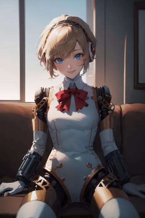 (masterpiece, best quality:1.2), <lora:persona3_aigis-12:1>, cowboy shot, solo, 1girl, aegis, android, robot joints, smile, sitting