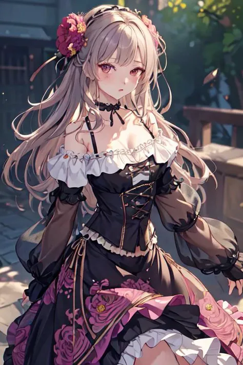(best quality, masterpiece), 1girl, intricate details, off shoulder, skirt, choker, frills, see-through, looking at viewer, blush, upper body, blurry background, floral print, contrapposto <lora:chilloutmixss30_v30:0.3>