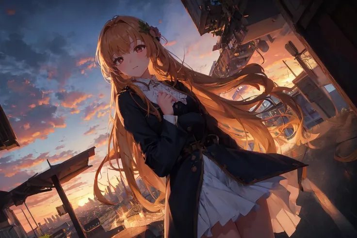 masterpiece, best quality, ((dutch angle)), (1girl, (mature female) long hair), sunrise, rooftop, city, flowing hair, cowboy shot,