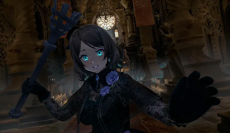 mature, milf, (((((aqua colored eyes))))), aqua eyes, brown hair, (((((brunette hair))))), ((short hair)), ((medium breast)), 1girl, anime, (((((masterpiece))))), detailed background, detailed, foreground, soft shadows, soft high lights, high quality, best quality, high resolution, highres, best eyes, detailed eyes, detailed face, best face, high quality face, beautiful eyes, blue gem, purple roses, yandere, (evil grin:1.5), (((light purple lipstick, purple eye shadow))), blade, knife, hilt, ((naughty face, open mouth)), (((anime))) <lora:add_detail:0.5>
