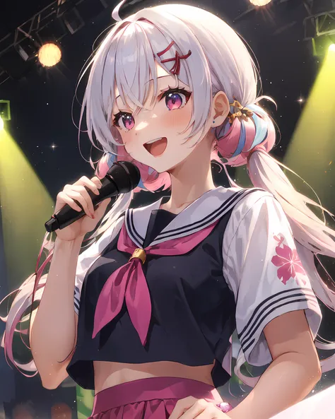 <lora:coloredSerafuku_v10:1>, 1girl, \:d, holding microphone, singing, long hair, streaked hair, twinbraids, hair ornament, pink eyes, black serafuku, sailor collar, stage background, idol concert, spotlight, upper body