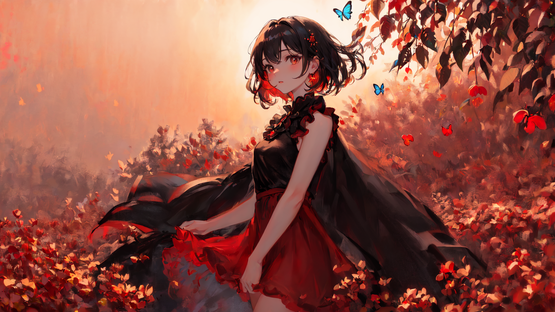 Anime girl in a red dress walking through a field of flowers - SeaArt AI