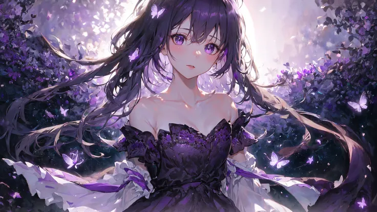 masterpiece, best quality, detailed eyes, vivid color, detailed skin, 1girl, short dress, see-through silhouette,
starry sky, field of flowers, butterflies, wind,
((((((purple hue, rim lighting)))))), <lora:epiNoiseoffset_v2:1>, (((cowboy shot)))