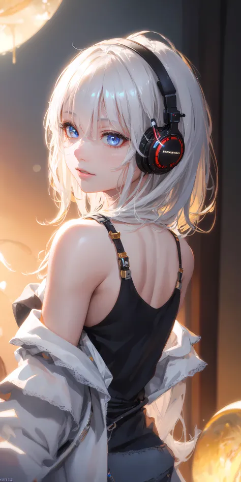 (masterpiece, finely detailed beautiful eyes: 1.2), (on the moon, space, looking back into earth), white hair, black tank top, volumetric lighting, white jacket, glowing headphone, cyberpunk, futuristic, multi-color eyes, detailed eyes, hyper detailed,light smile, highly detailed, beautiful, small details, ultra detailed, best quality, intricate, hyperrealism, sharp, digital illustration, detailed, realism, intricate, 4k, 8k, trending on artstation, good anatomy, beautiful lighting, award-winning, photorealistic, realistic shadows, realistic lighting, beautiful lighting, raytracing, intricate details, moody, rule of thirds, masterpiece, (illustration:1.1), highres, (extremely detailed CG, unity, 8k wallpaper:1.1), beautiful face, highly detailed face, ultra realistic, masterpiece, bokeh, extremely detailed, intricate, zoomout, colorful, vibrant colors, red nail polish, side view,